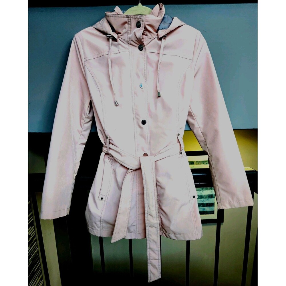 Nautica Womens Pink Hooded Belted Full Zip Rain Coat Drawstring Waist Sz S